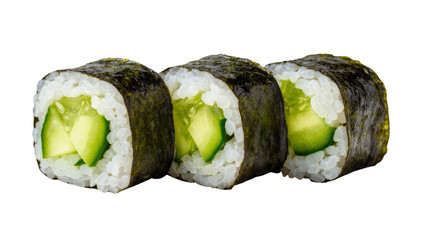 Freshly prepared cucumber maki sushi rolls on a plain background, healthy Asian snack © Maria