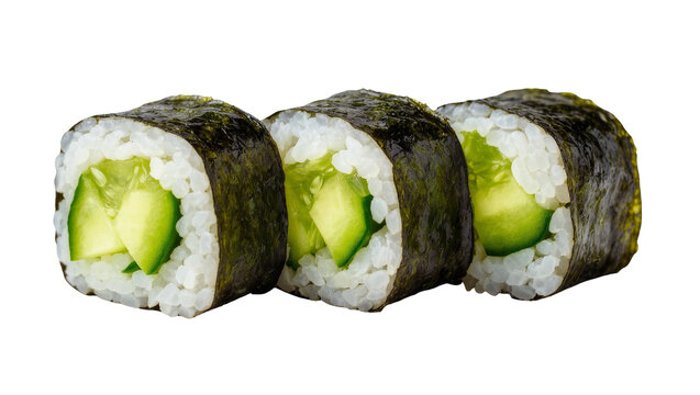 Freshly prepared cucumber maki sushi rolls on a plain background, healthy Asian snack