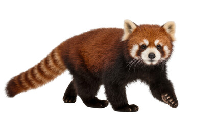 Small wild red panda moving cautiously, showcasing its distinct markings and bushy tail © Maria