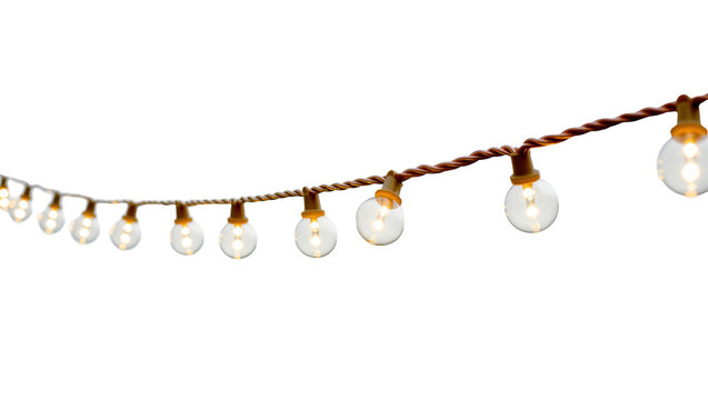 Bright decorative string lights with glowing round bulbs for festive ambiance
