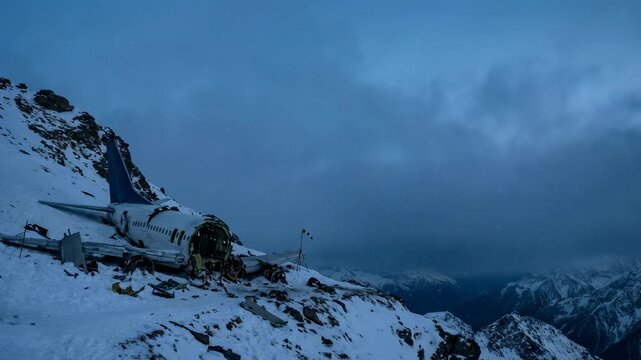 Wreckage of an abandoned airplane lying on a snowy mountain ridge. Crashed aircraft fuselage in high alpine landscape under cloudy sky. Aviation disaster scene.