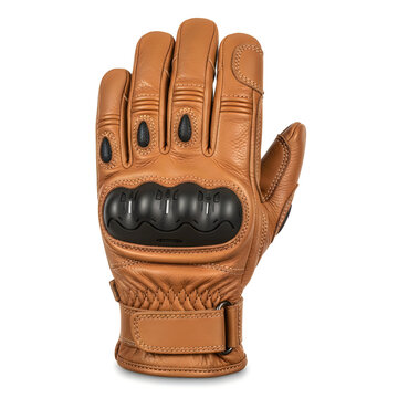 Tan leather motorcycle glove with black knuckle protection and adjustable strap brown
