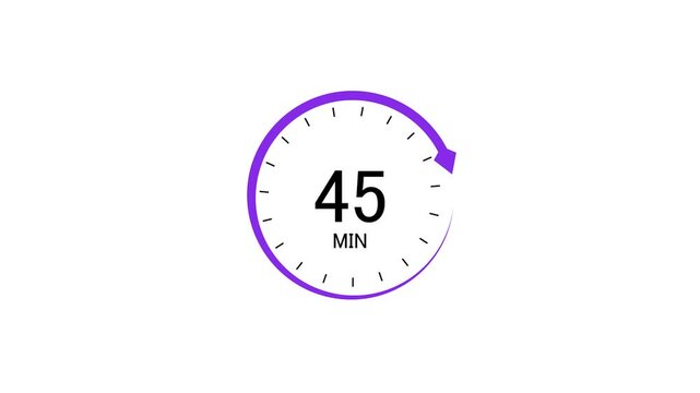Clock icon with purple circular dial and 45 minutes displayed isolated on white background for efficiency and corporate templetes