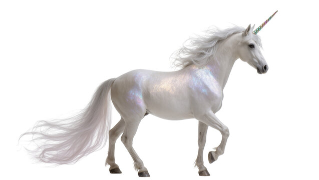 Elegant white unicorn with shimmering iridescent coat and magical rainbow horn trotting