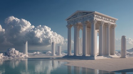 Fototapeta premium Space universe exploration, fantasy. A digital artwork depicts a grand, neoclassical temple with intricate carvings and columns. The temple stands on a sandy beach.