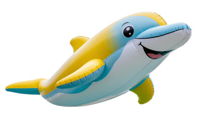Adorable yellow and blue inflatable dolphin smiling, perfect summer swimming pool float © Maria