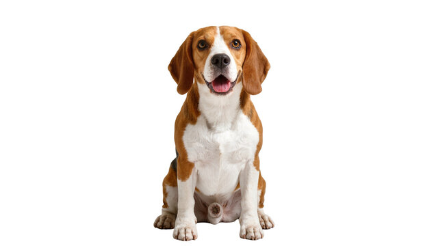 Adorable tri-color beagle dog sitting patiently, looking at camera with a happy expression