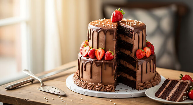 Chocolate layer cake with fresh strawberries on rustic wooden table, warm natural lighting