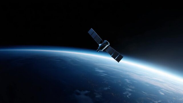 Satellite orbiting above Earth at sunrise, space technology, global communication, satellite network, telecommunications, Earth observation, orbital mission, aerospace engineering, space exploration