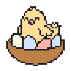 Obraz premium Pixel art icon of a cute chick in a nest with colored eggs. Retro 8-bit style, nostalgic spring Easter design. Isolated vector illustration with square pixels and bold colors.