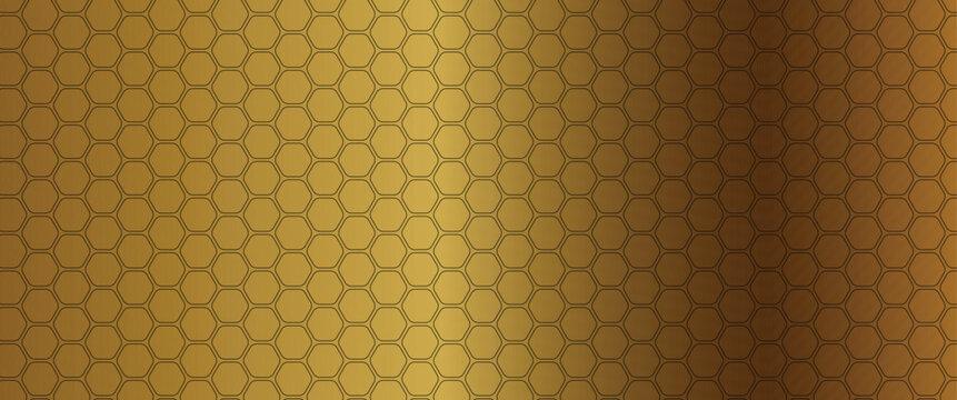 Gold hexagon honeycomb pattern background with smooth metallic gradient. Elegant geometric grid texture for luxury branding, technology interface, or modern presentation design. Seamless hexagonal mes