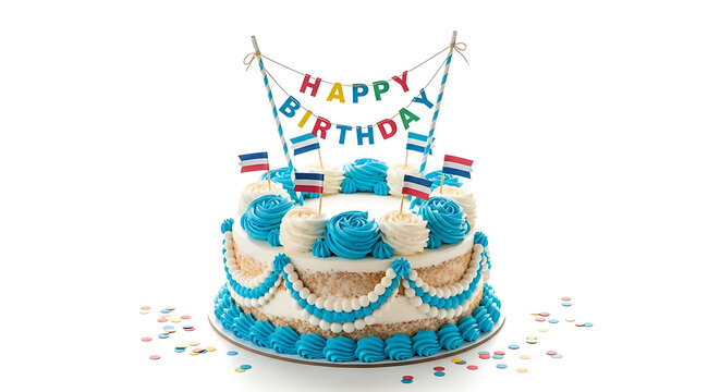 Happy 7th birthday cake with blue and white icing, colorful candles, and confetti on white background