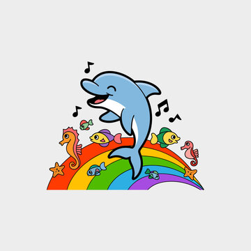 Cute cartoon dolphin singing on a colorful rainbow surrounded by happy sea creatures and musical notes for childrens book illustration and vibrant nursery wall art