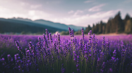 Fototapeta premium Blooming lavender field stretching toward distant mountains under soft evening light