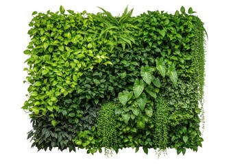 Obraz premium Variety of green plants and leaves forming a lush living wall isolated on white background