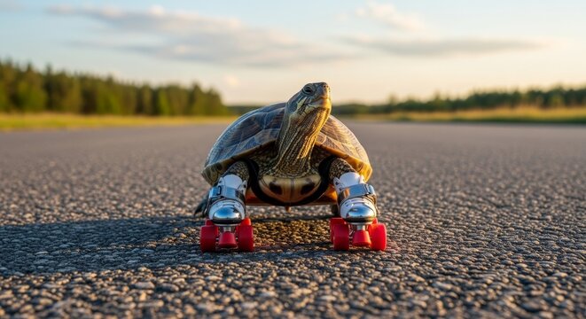 Turtle on roller skates on road.