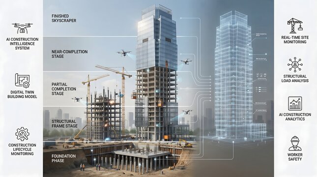Vertical View of Skyscraper Construction Phases and Digital Twin Interface