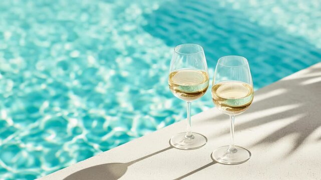 Two glasses of white wine stand on a poolside surface with blue water in the background