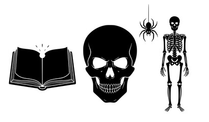 Halloween vector silhouette icons with skull, skeleton, magic book, and spider isolated on white background © Shakib