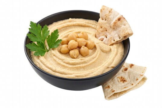 Creamy hummus garnished with chickpeas and parsley served with pita bread in a dark ceramic bowl