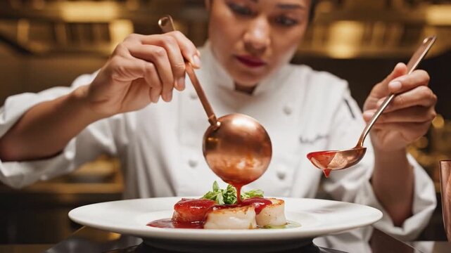 Asian female chef in her 30s is meticulously pouring red sauce over seared scallops with copper spoons in a professional kitchen.
