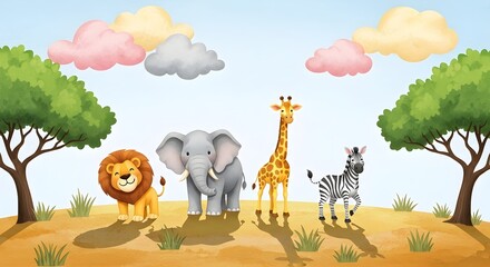Obraz premium Cute Safari Animals Including Lion Elephant Giraffe And Zebra Enjoying The Day