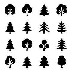 Obraz premium A detailed grid displays sixteen distinct black silhouette icons representing a variety of stylized tree shapes.