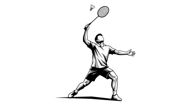 Dynamic black and white illustration of a male badminton player hitting a shuttlecock with a racket during a game.