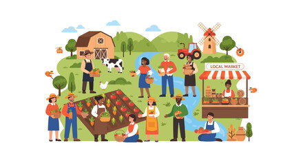Obraz premium Diverse Farmers & Community Harvest at Local Market. Fresh Organic Produce, Sustainable Agriculture, and Farm-to-Table Lifestyle Illustration.
