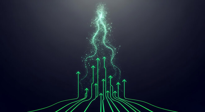 Green glowing lines converge and ascend into an energetic light stream on a dark background, symbolizing data flow, progress, and technological growth.