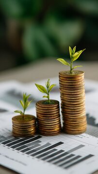 Investment fund concept. Stacked coins with small plant sprouts over chart. Financial growth, success, profit, wealth. Saving money, budget planning, increase passive income, manage investment