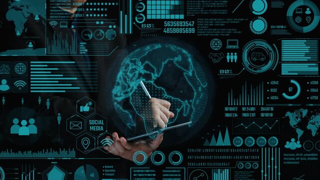 A professional analyzing global communication network data using modern technology in a futuristic interface, showcasing various analytics and visualizations on a screen. Cipher