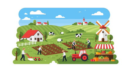 Naklejka premium Vibrant Farm Landscape Illustration with Farmers, Tractor, Livestock & Fresh Produce Market
