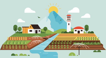 Fototapeta premium Vibrant Flat Design Farm Landscape Illustration: Sustainable Agriculture, Rural Houses, and Irrigation System in a Mountainous Setting