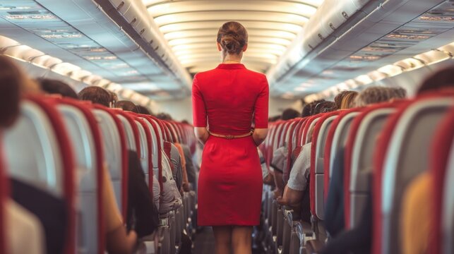 Vacation travel trip journey in holiday season. A woman in a red flight attendants uniform standing in the aisle of an airplane, surrounded by passengers seated in chairs.