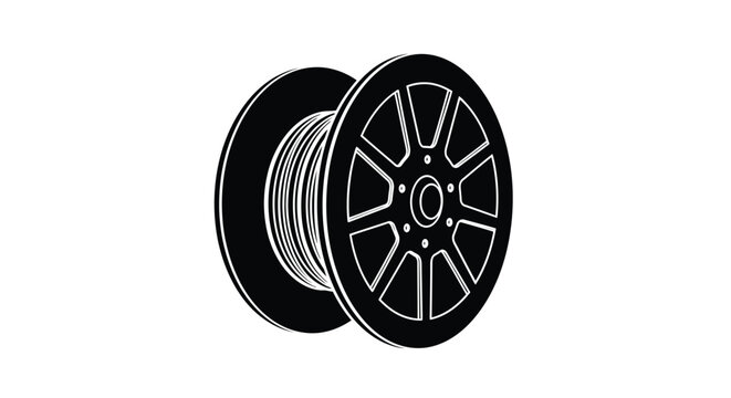 A black and white illustration of a cable spool focusing on its form silhouette