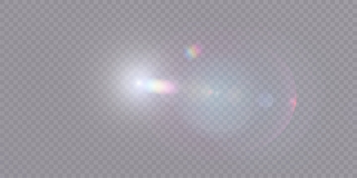 Soft iridescent lens flare with white glow and subtle rainbow refractions, isolated optical light effect for luminous overlays.