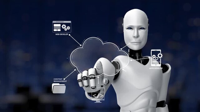 A modern robot interacts with cloud technology, symbolizing advancements in web development, user interfaces, and digital management in a futuristic setting. Synapse