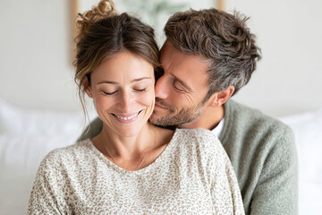 Obraz premium Couple sharing joyful moment in cozy bedroom, with man gently embracing woman from behind, both smiling and radiating happiness. warm their connection
