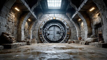 Fototapeta premium Industrial underground stone vault with huge metal door illuminated by ceiling lights in mysterious old warehouse chamber