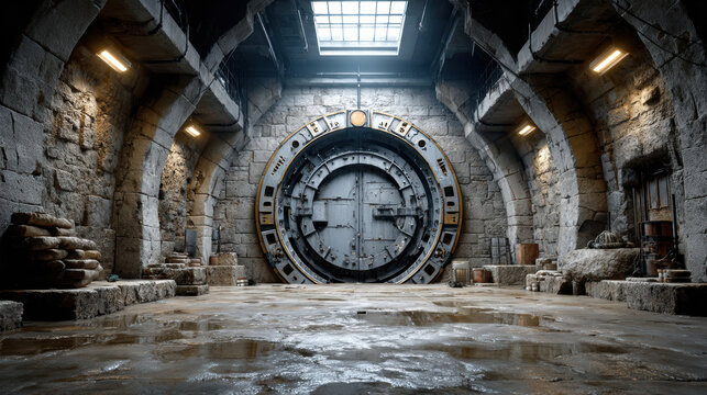 Industrial underground stone vault with huge metal door illuminated by ceiling lights in mysterious old warehouse chamber