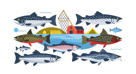 Obraz premium Flat Design Fish Collection Vector: Salmon, Trout, Cod, and other Seafood Varieties in a Fishing Scene with Net and Barn