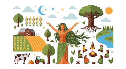 Naklejka premium Gaia: Mother Earth Goddess Illustration with Farming, Rural Life, Nature, and Community. Sustainable Living & Environmental Harmony.