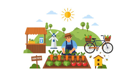 Fototapeta premium Happy Farmer Gardening Fresh Organic Vegetables at Rural Farm Stand with Windmill, Bike & Beehive. Sustainable Agriculture Illustration.