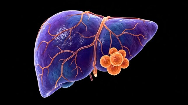 Anatomical human liver with cancerous tumor, medical 3D illustration of liver disease, malignant hepatoma growth on internal organ