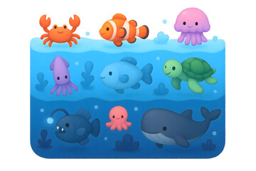Naklejka premium “Underwater World Cute Sea Creatures Across Ocean Depths – Educational Illustration for Kids”