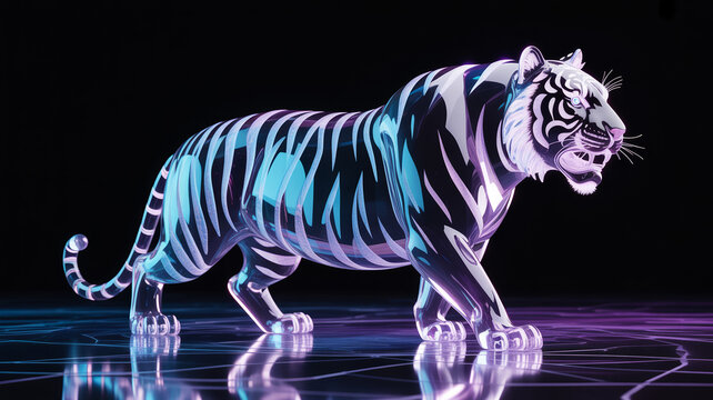 Majestic tiger sculpture made of transparent glass shards with light reflections 3D render