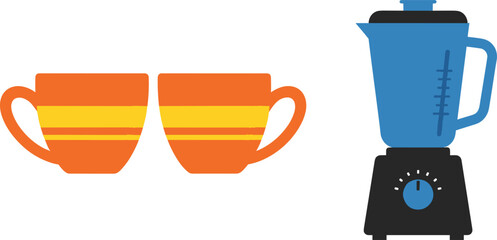 Fototapeta premium Kitchen Appliance and Drinkware Icon Set Featuring Coffee Cups and Blender Machine Flat Vector Illustration Collection Isolated on White Background