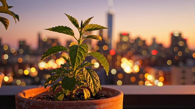 Urban plant growth in evening light. Fresh green leaves thrive in sunset ambiance. City skyline sparkles in background, creating peaceful atmosphere. Perfect for nature and city life themes.