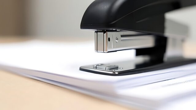Close-up: a black stapler staples a stack of white papers on a wooden table, office stationery, business documents.